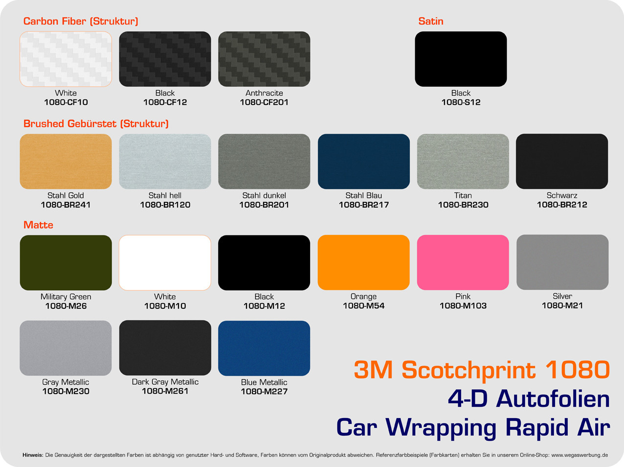 4d-Autofolien-3M-Scotchcal-1380-Wrap-Film-Stahl-gebuerstet-Wrapping-Folie-Farbuebersicht-Folienuebersicht-Rapid-Air, WEGASwerbung, Beschriftung, Druck