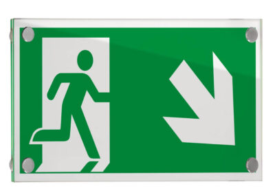 Glasschild-ESG-Galerie-Rettungszeichen-297x148mm-Abstandshalter