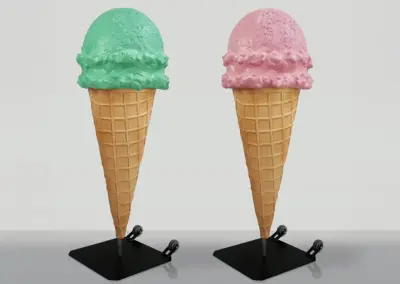 3D-Werbefigur-Eiskugel-Rosa-Waffeltuete-Metallfuss-Rollen-140cm