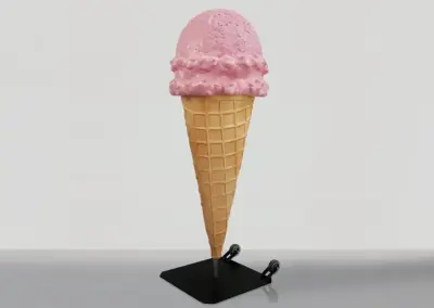 3D-Werbefigur-Werbeaufsteller-Figur-Kugel-Eis-rosa-Waffel-Metallfuss-Rollen-140cm